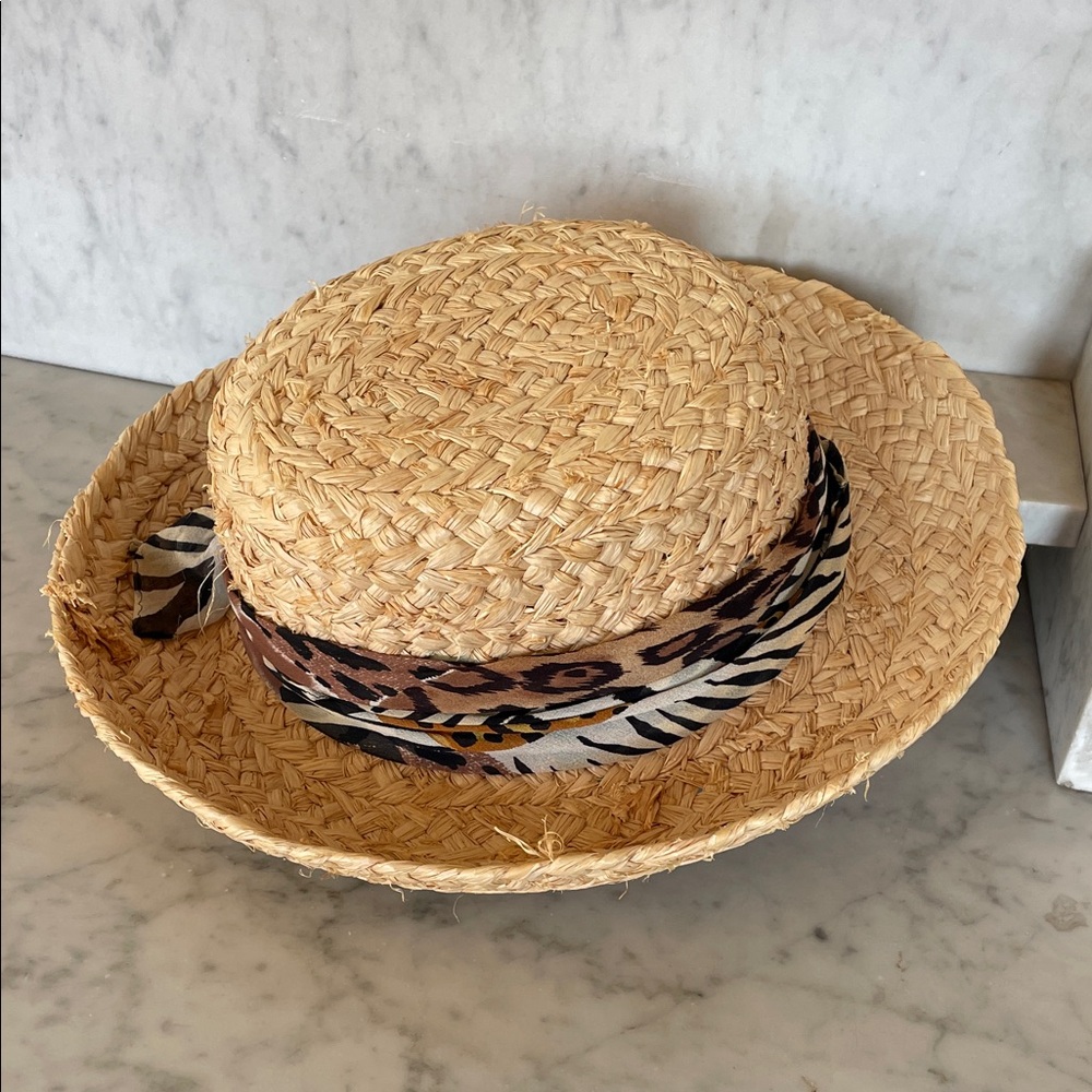 SCALA Natural Straw Large Brim Sun Hat with Animal Print Band Vintage